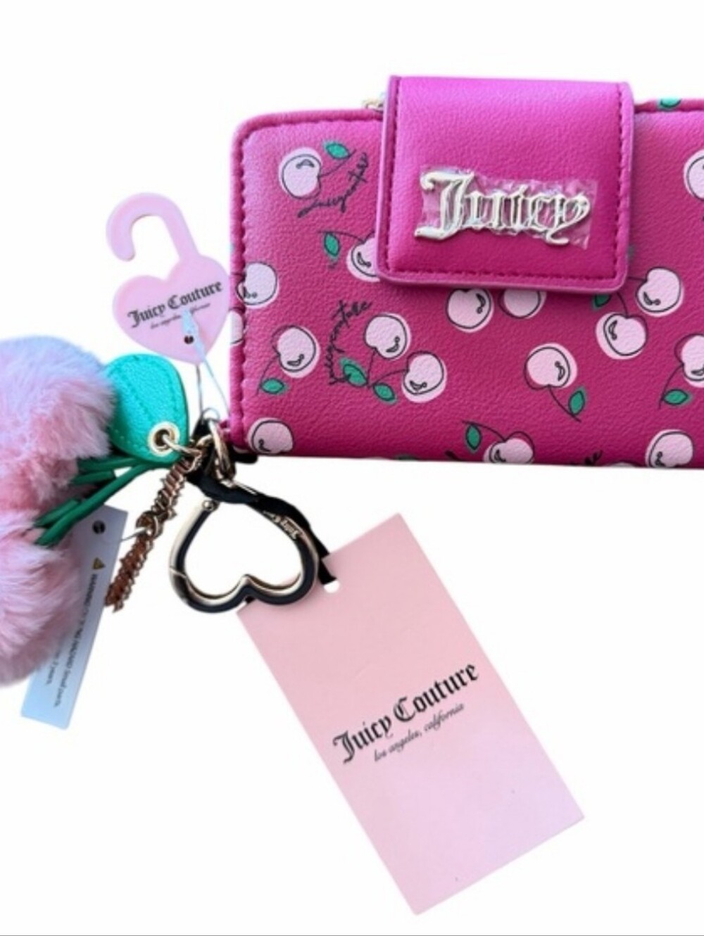 NWT Juicy Couture Cherry Girl Wallet with Pom Pom Heart Logo Charms - Picture 5 of 10